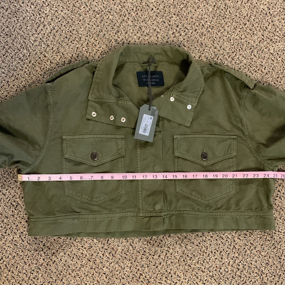 NWT All Saints Cadie Military Jacket in Khaki Green Cropped Linen Jacket Size 12 - Picture 7 of 8